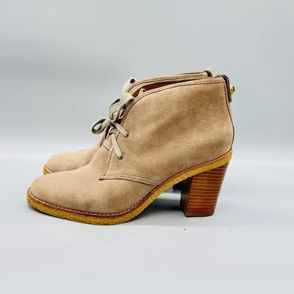 Coach Boots Womens 8 Beige Suede Nikol Ankle Lace Up Block Heel Booties Shoes